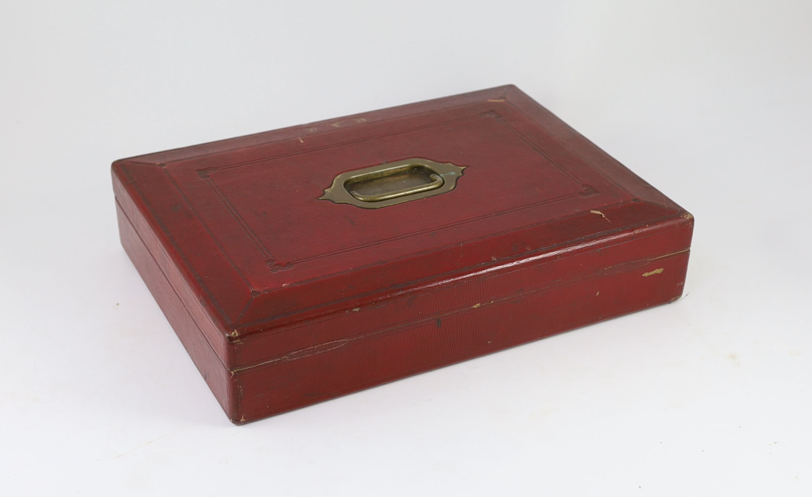 An early 20th century red morocco despatch box, formerly the property of Richard Assheton Cross, b.1882, width 42cm, depth 30cm, height 9.5cm